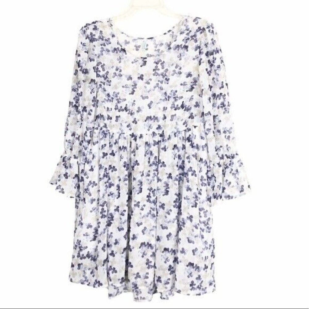 Free People Sheer Floral Babydoll Tunic Dress‎ Flutter Sleeves Size S Purple